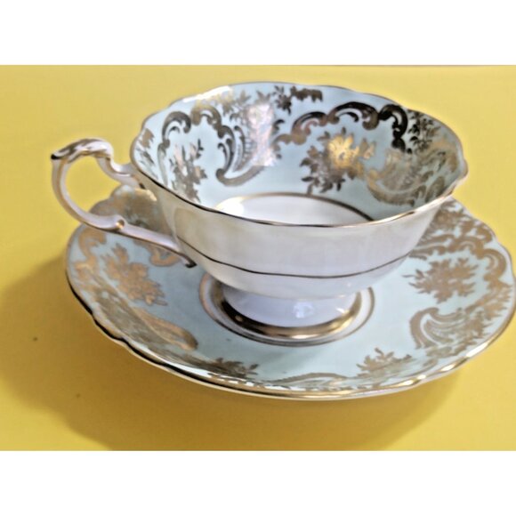Paragon Wide Mouth Cup & Saucer Floral Center Light Blue Gold 1940's - Picture 3 of 12